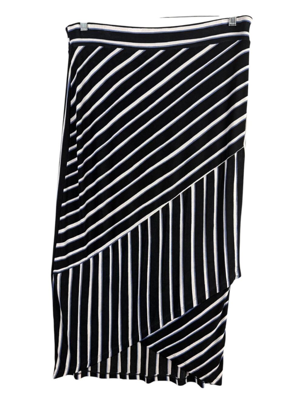 Chico's Travelers 2 L Midi Skirt Layered Asymmetric Hem Black White Blue Stripe